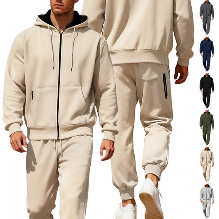 Herren nan hoodie sæt med gennemgående lynlås, kengurutaske og konisk joggingbukser med lynlåslommer Skovae