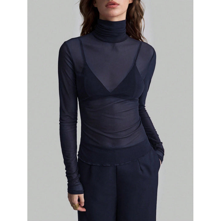 Dame Elegant langærmet transparent top med høj krave Skovae