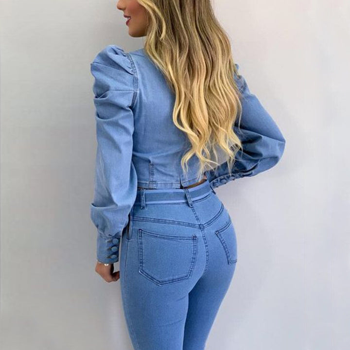 Dame jeans overall med puffærmer og taljerbar bælte Stilla
