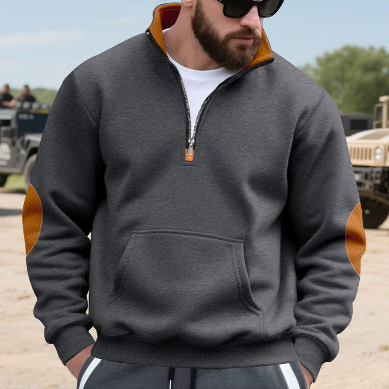 Herren nan isoleret halvzip-pullover med ståkrave fleece-foring kængurulomme og suede albue-patches Skovae