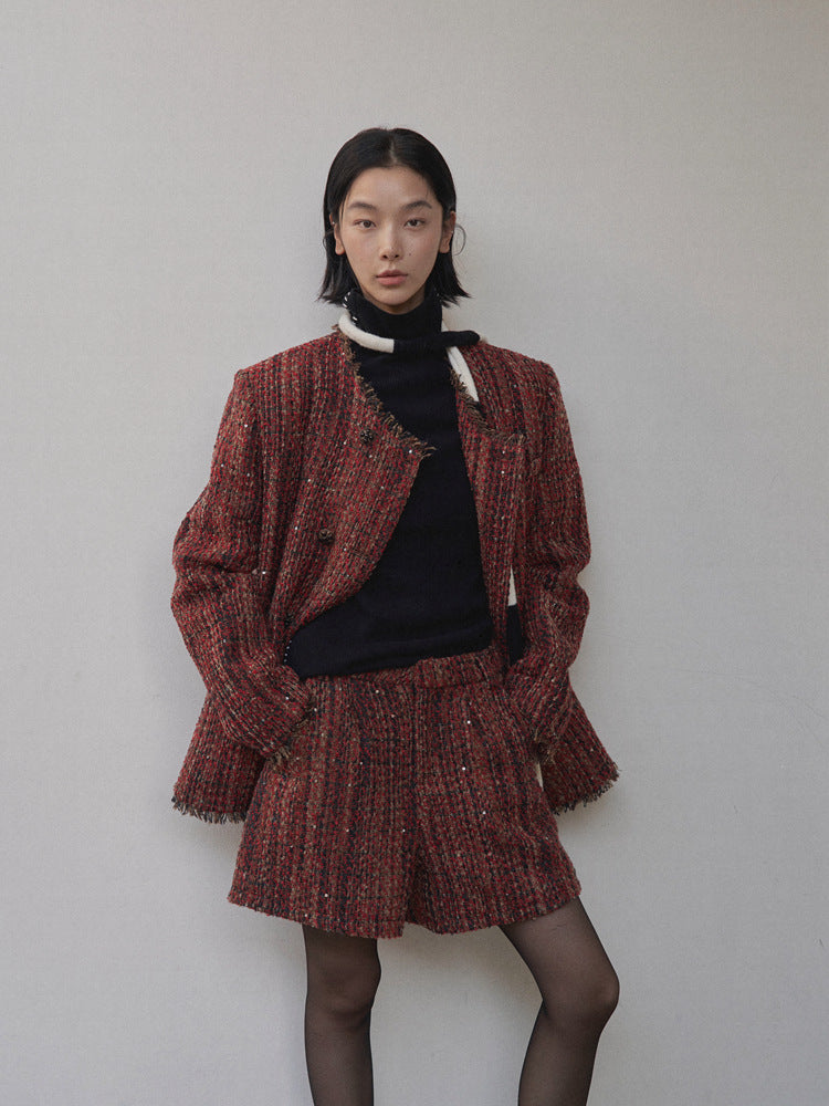 Dame moderigtigt tweed-blazer-sæt med designerdetaljer og højere komfort Stilla