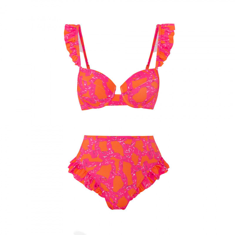 Dame bikini sæt med elegant flæse detaljer og stilfuld overkjole Skovae