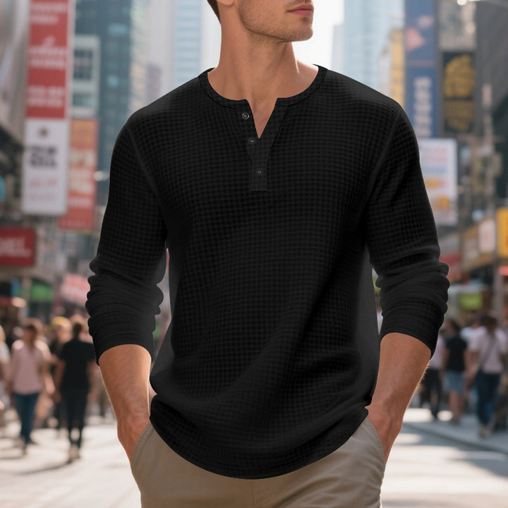 Herrer langærmet Henley-shirt med struktureret vaffelmønster Stilla