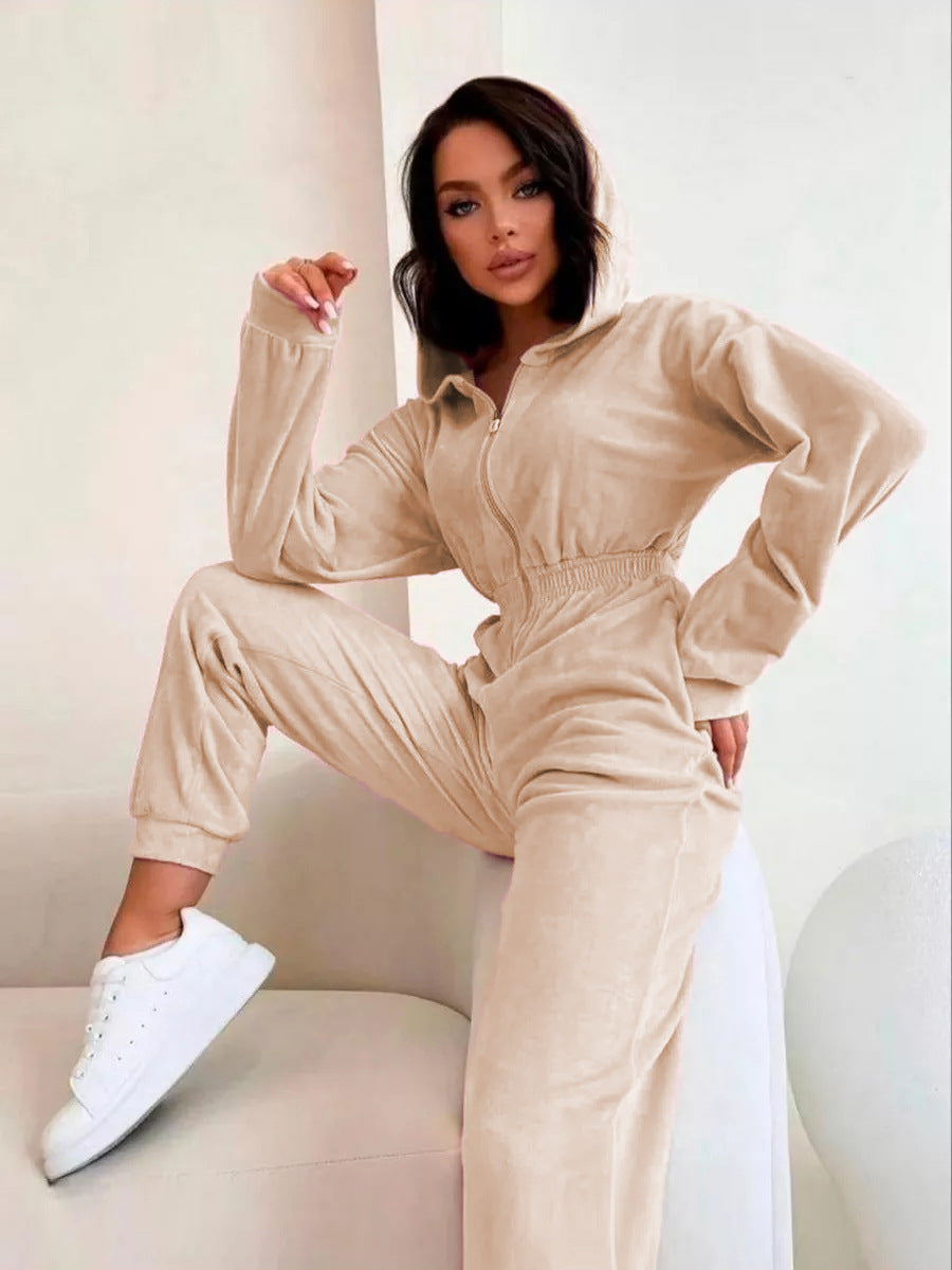 Kvindernes fløjls jumpsuit med hætte og elastisk talje Skovae