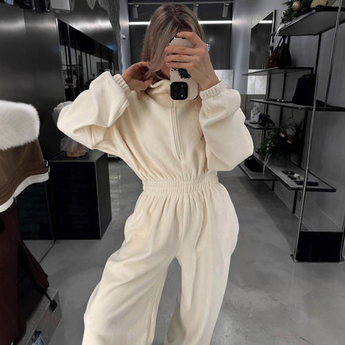 Kvinders fleece jumpsuit med høj krave og elastisk talje