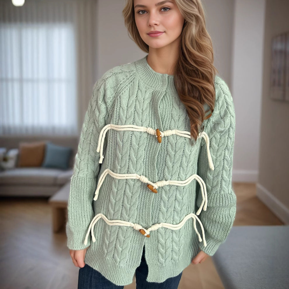 Women's chunky knit cardigan with unique drawstring and decorative wooden buttons Stilla