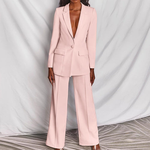 Dame elegant skåret blazer-bukse-sæt med dyb V-hals Stilla