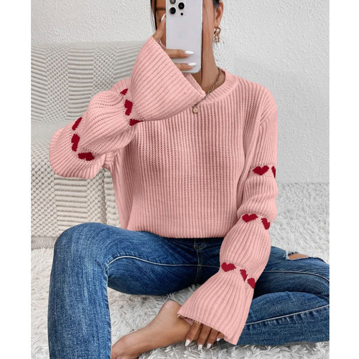 Kvinders strikket sweater med hjerteapplikationer og brede ærmer Stilla