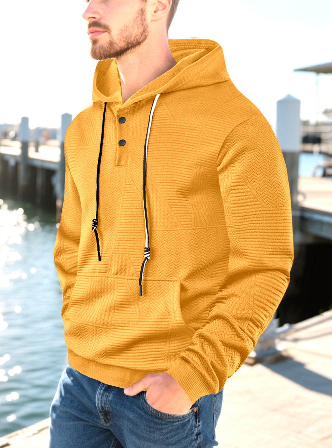 Herren nan geometrisk struktur-hoodie med Henley-blende og kængurulomme Skovae