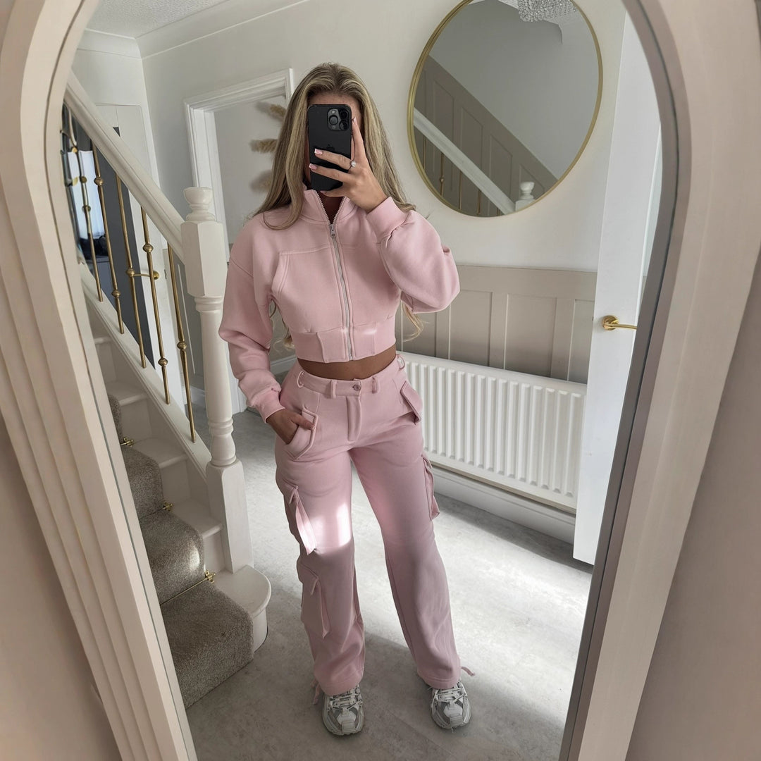 Kvinders fashionable cropped fritids sæt med funktionel lynlås og praktiske lommer
