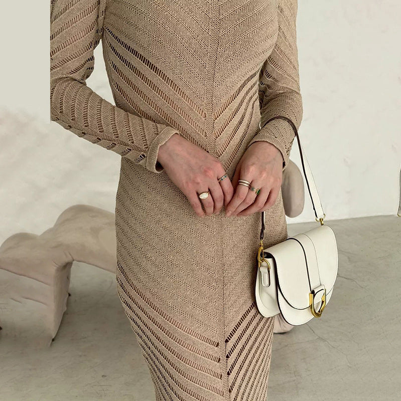 Dame Elegant strik kjole med gennemsigtigt design Stilla