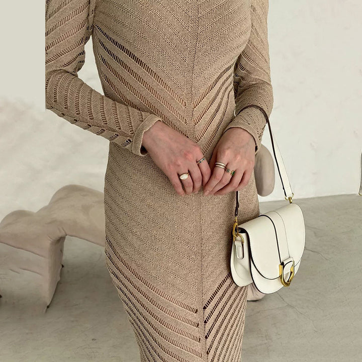 Dame Elegant strik kjole med gennemsigtigt design Stilla