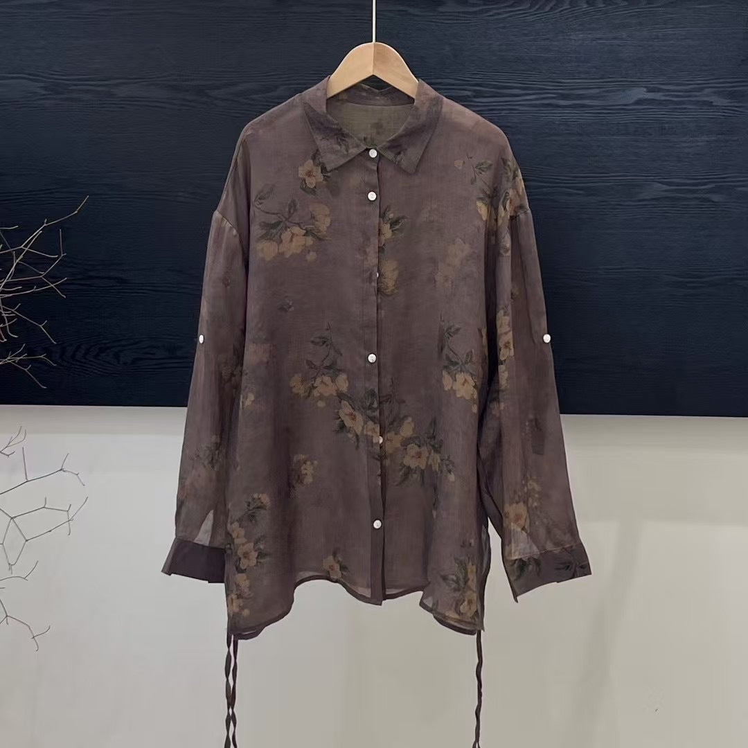 Femme Floral Print Langærmet Linnedskjorte Stilla