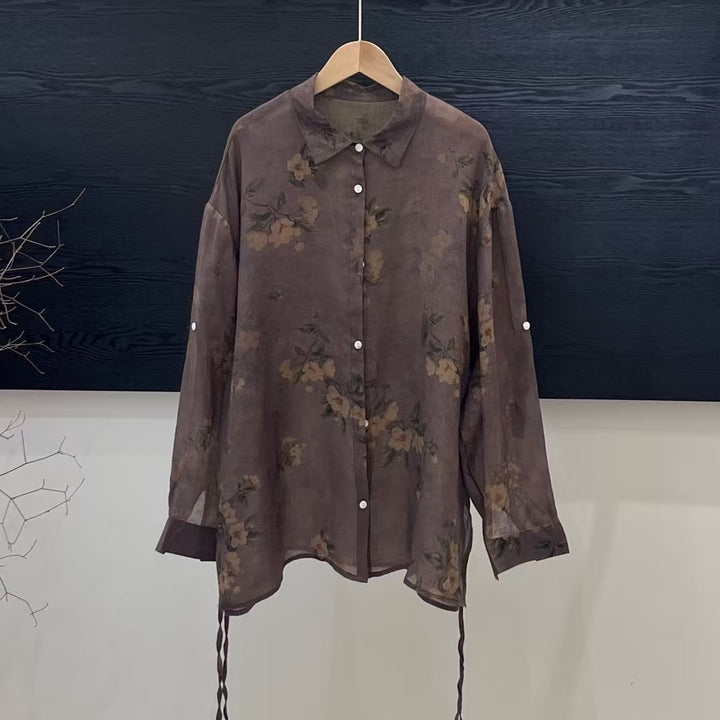 Femme Floral Print Langærmet Linnedskjorte Stilla