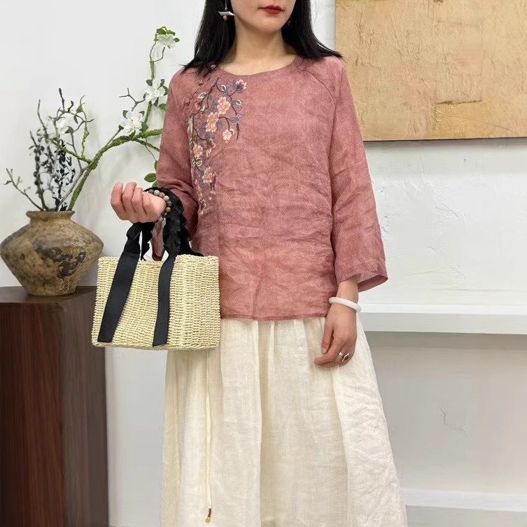 Dame broderet linned blouse med trekvartærmer Stilla