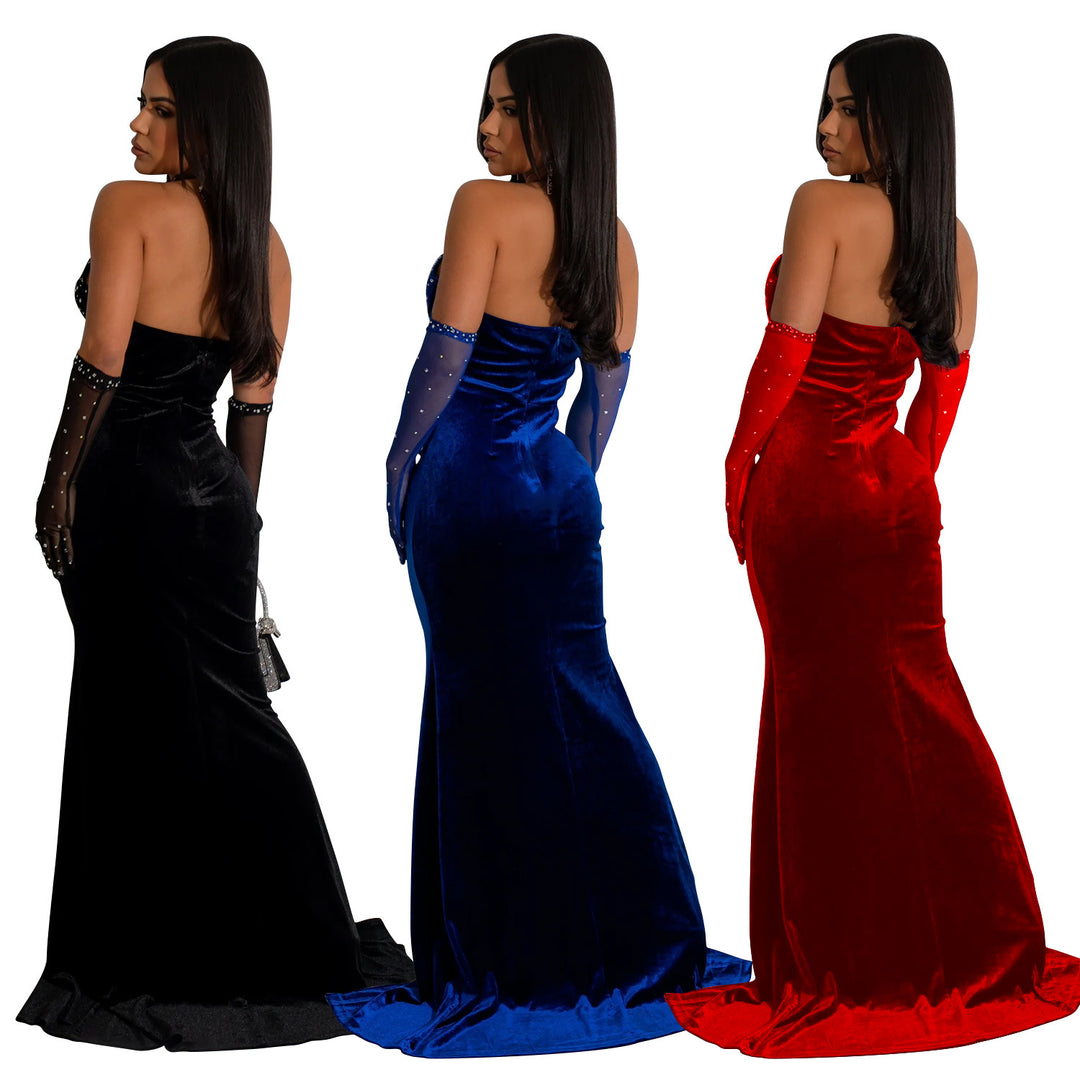 Dame Elegant Aftenkjole med transparente indsatser og strass dekorationer Stilla