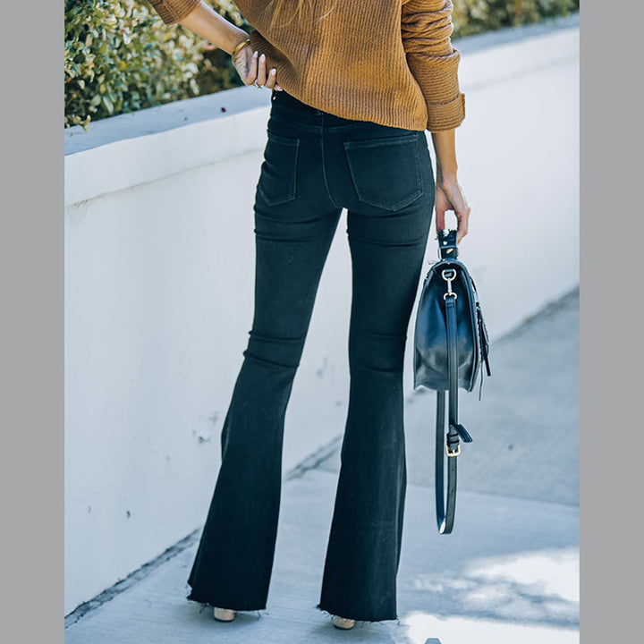 Dame Elegant Bootcut-Jeans med høje knapper og destroyed-detaljer Stilla