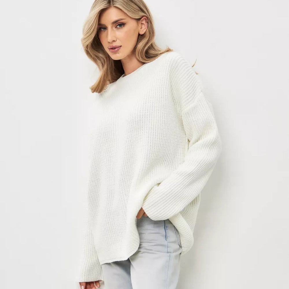 Kvinders afslappede oversized strikket sweater med åbne ærmekanter og let ribbestrikket mønster Stilla