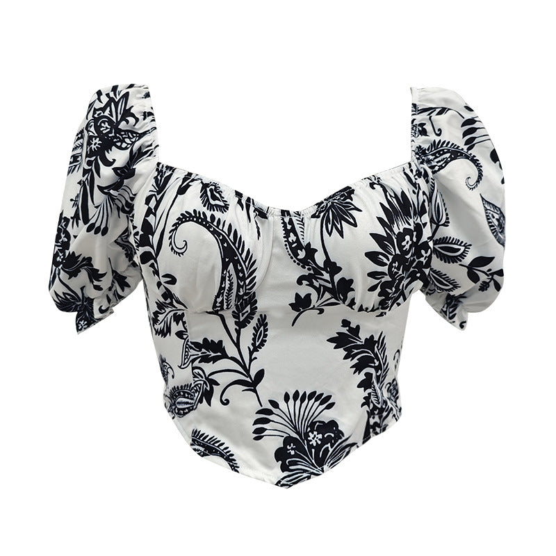 Dame Puffærmet Crop-Top med blomstermotiv og struktureret snit Stilla