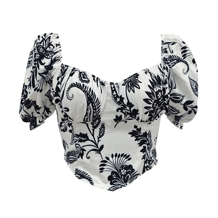 Dame Puffærmet Crop-Top med blomstermotiv og struktureret snit Stilla