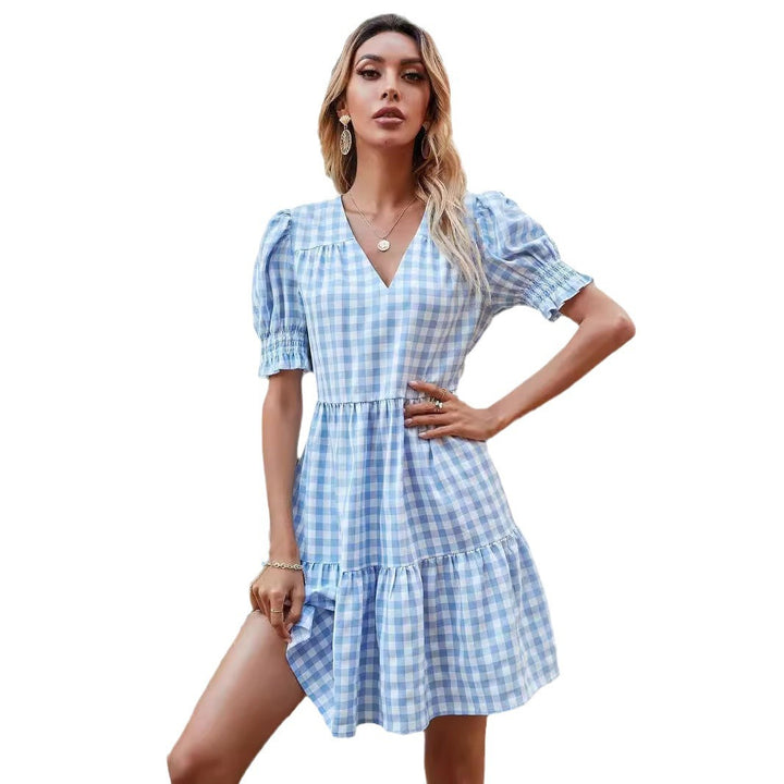 Damer Gingham-kjole med flæser og pufærmer Skovae