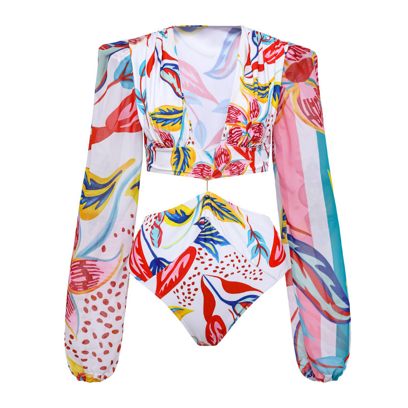 Dame bikini sæt med langærmet bluse og trendy mønster Skovae