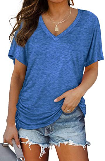 Dame afslappet V-hals T-shirt med rynker Stilla