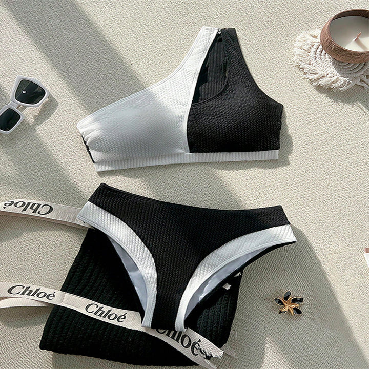 Damer Rib-Asymmetrisk Snit Bikini Sæt Stilla