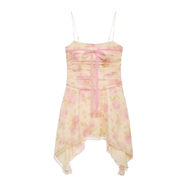 Dame mini kjole med blomsterprint, asymmetrisk kant og elegant samle