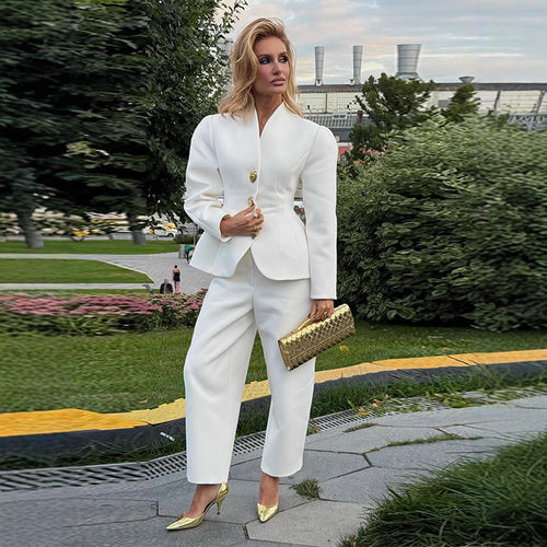 Kvinder Elegant Blazer og Bukser Sæt med Guldknapper Stilla