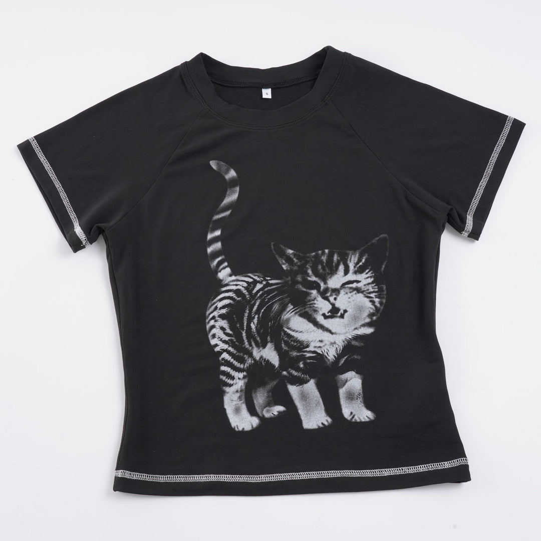 Dame T-shirt med kreativ kattemotiv Skovae
