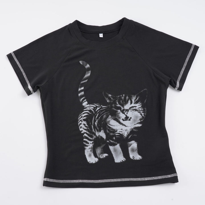 Dame T-shirt med kreativ kattemotiv Skovae