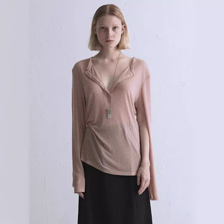 Dame casual langærmet skjorte med dyb V-udskæring og elegant snit Stilla