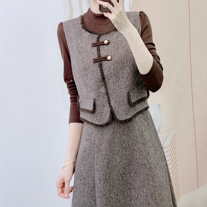 Dame Struktureret Tweed Vest med elegant Nederdel Stilla