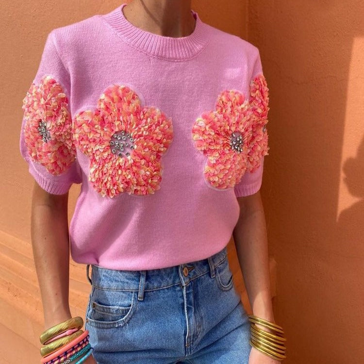 Dame strikpullover med blomster 3D-design Stilla