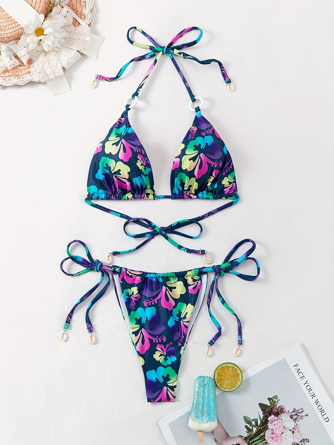 Dame Triangel-Bikini-Sæt med legende blomsterdesign og justerbare stropper Stilla