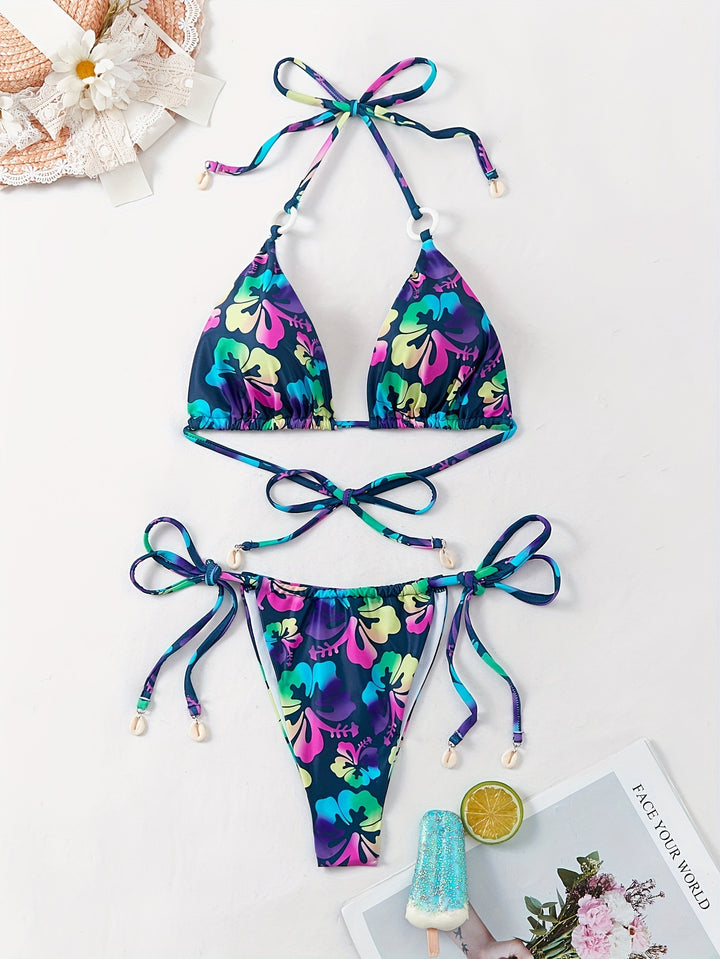 Dame Triangel-Bikini-Sæt med legende blomsterdesign og justerbare stropper Stilla