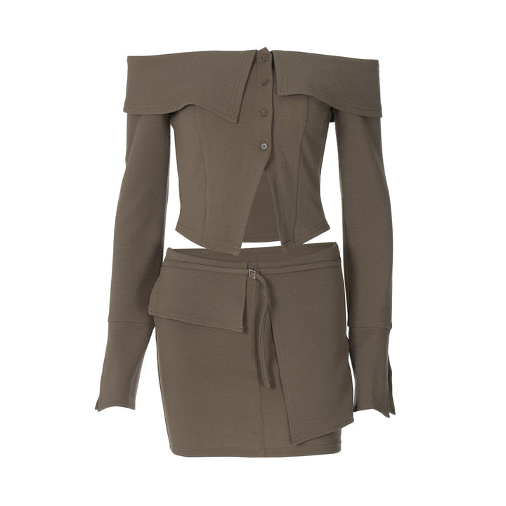 Dame Off-Shoulder Top og Dinnerrock Sæt med asymmetrisk Design og Knapdetaljer Stilla
