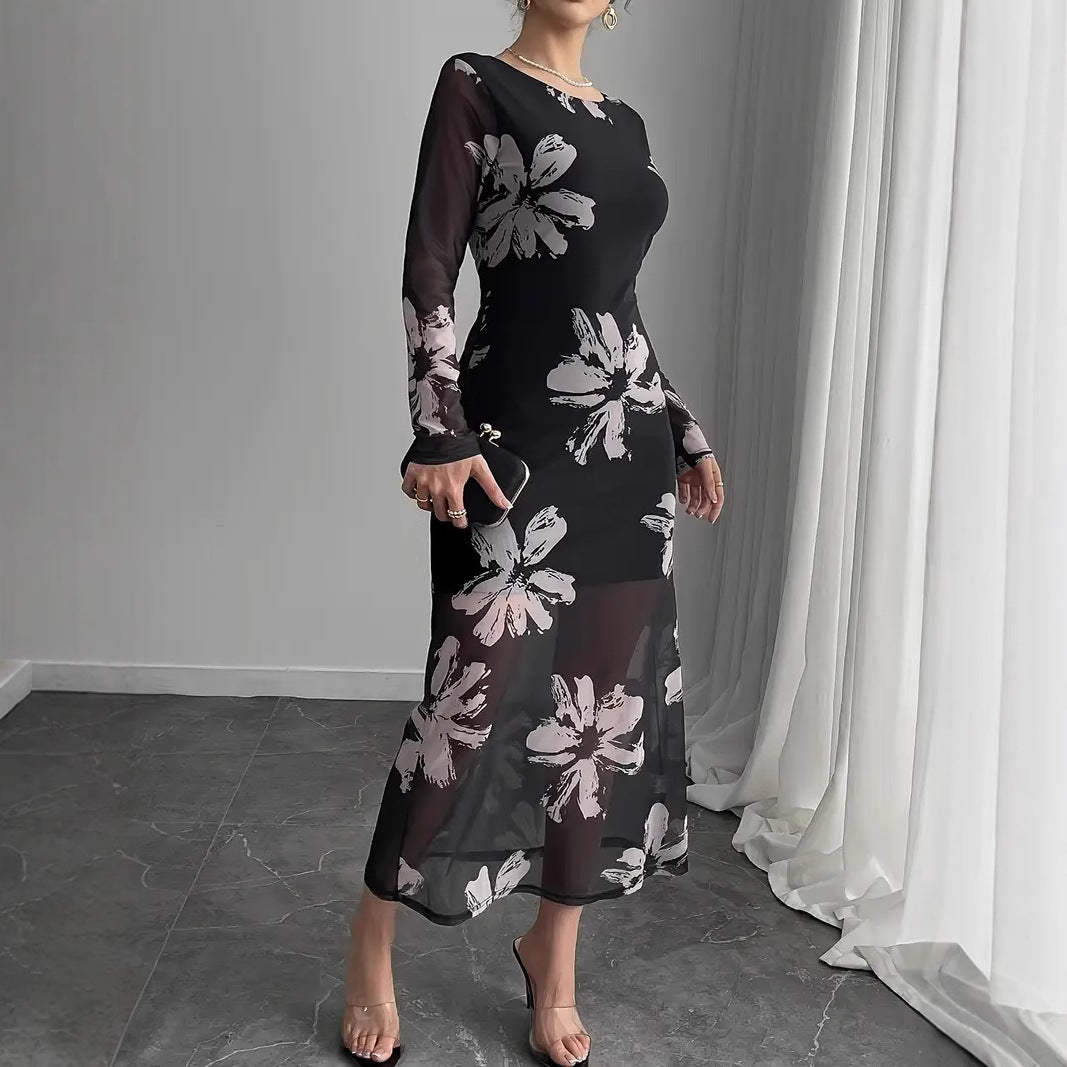 Dame maxikjole med transparent blomstermønster og lange ærmer Stilla