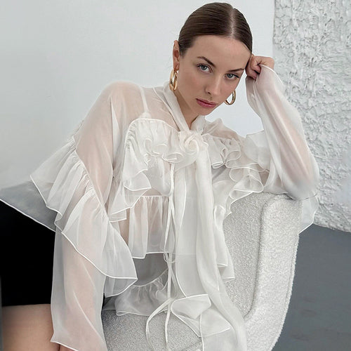 Dame Transparent Rynkebluse med voluminøse ærmer og elegant design Stilla