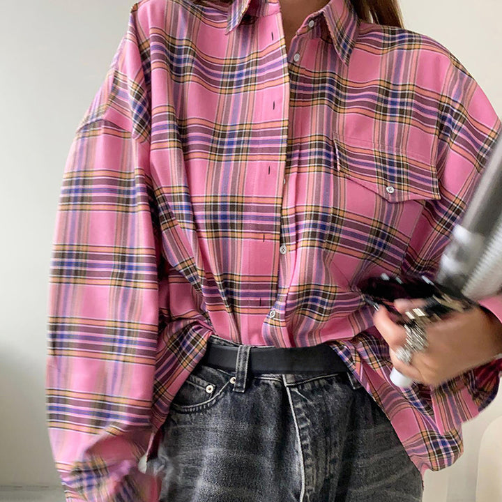 Dame Tjekkede Oversized-Skjortebluse med knaplukning foran og afslappet snit Stilla