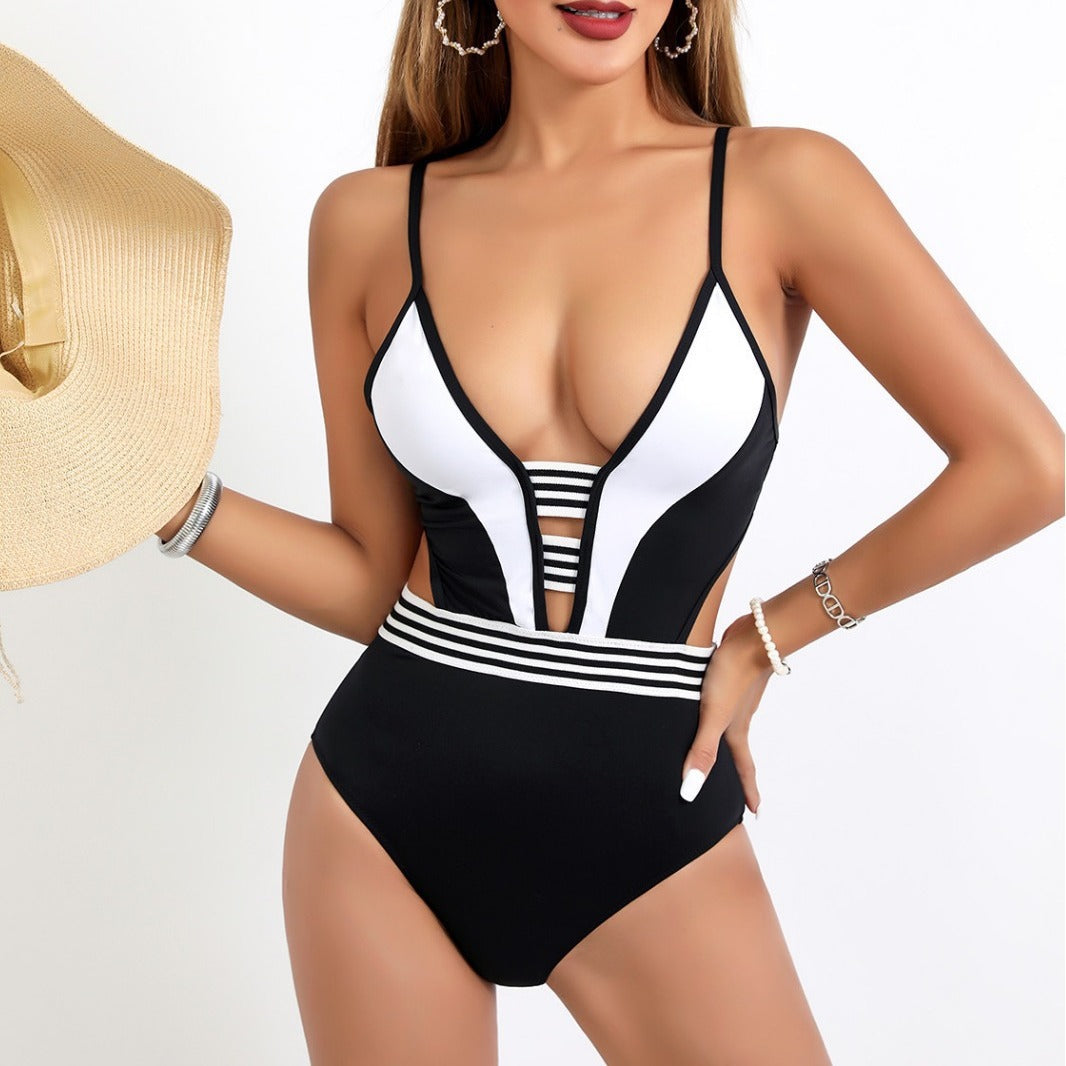 Dame Sporty One-Piece Badeanzug med dyb V-udskæring og sidelange cut-outs Skovae