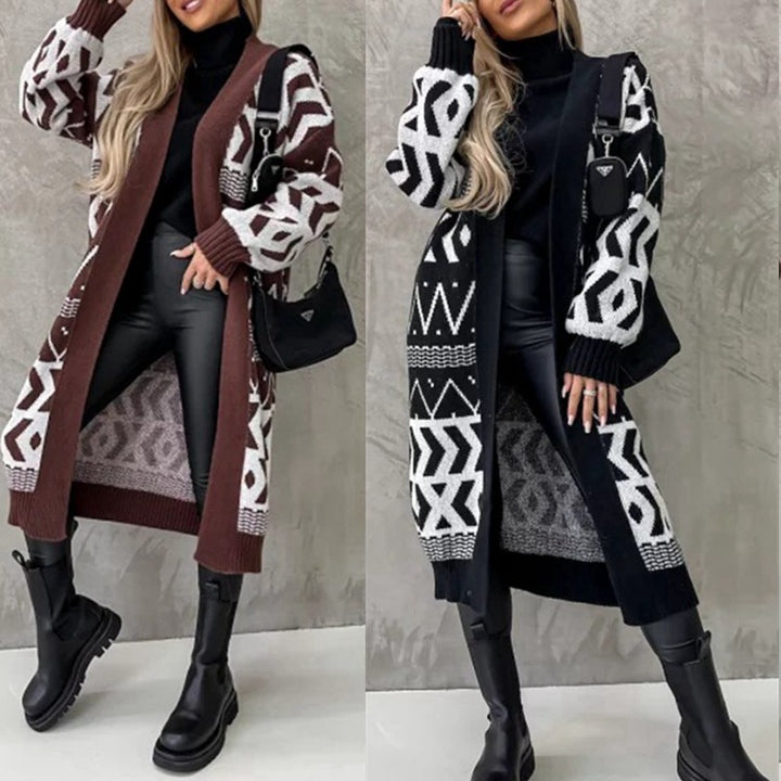 Kvinders chunky strik cardigan med folkloristiske mønstre og afslappet pasform Stilla