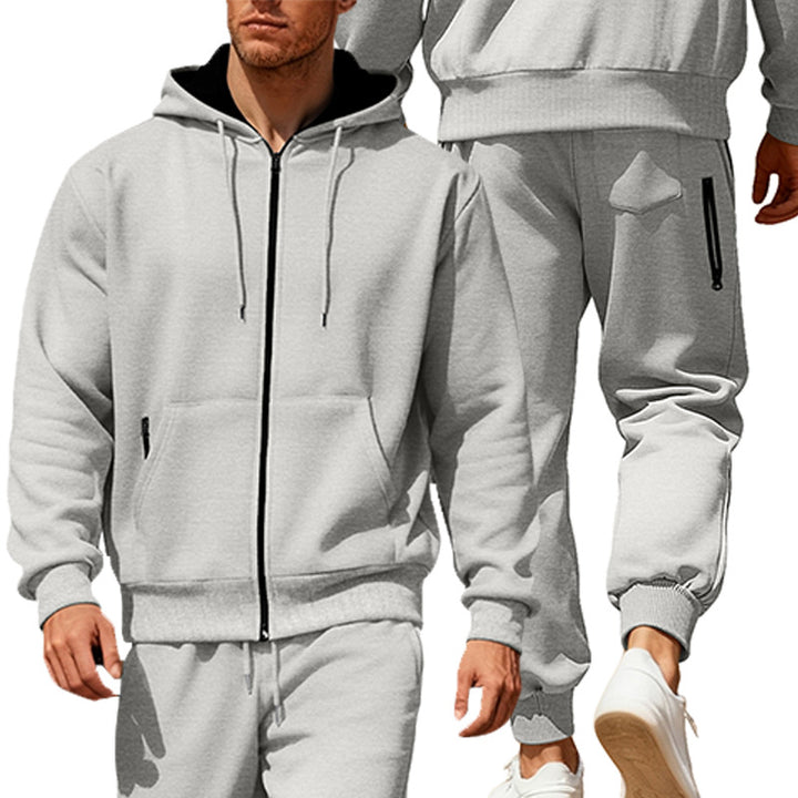 Herren nan hoodie sæt med gennemgående lynlås, kengurutaske og konisk joggingbukser med lynlåslommer Skovae