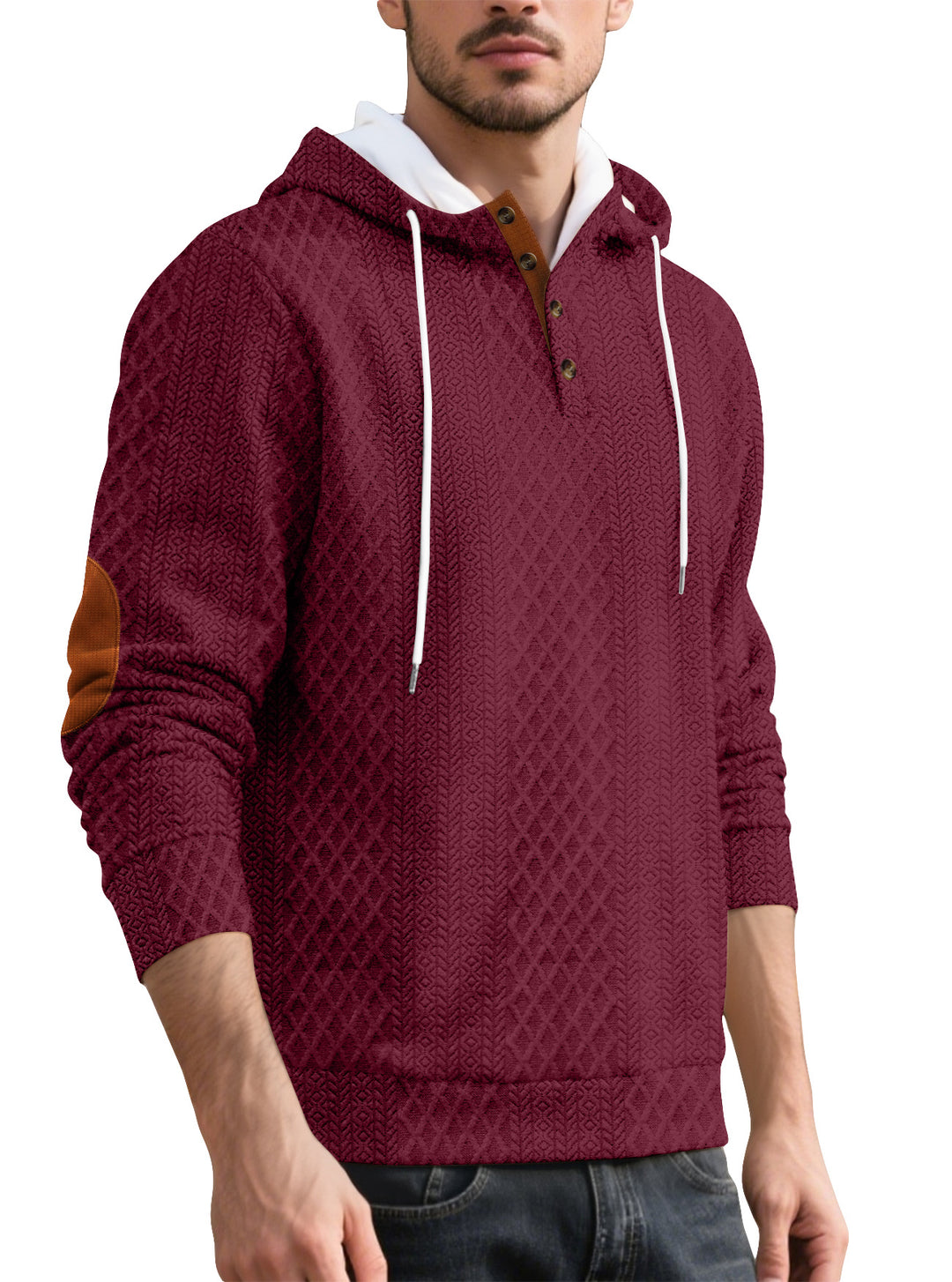 Herren nan Diamond-struktur hættepullover med kort knapliste, quiltet hætte inderside og ruskinds albuepatch Skovae