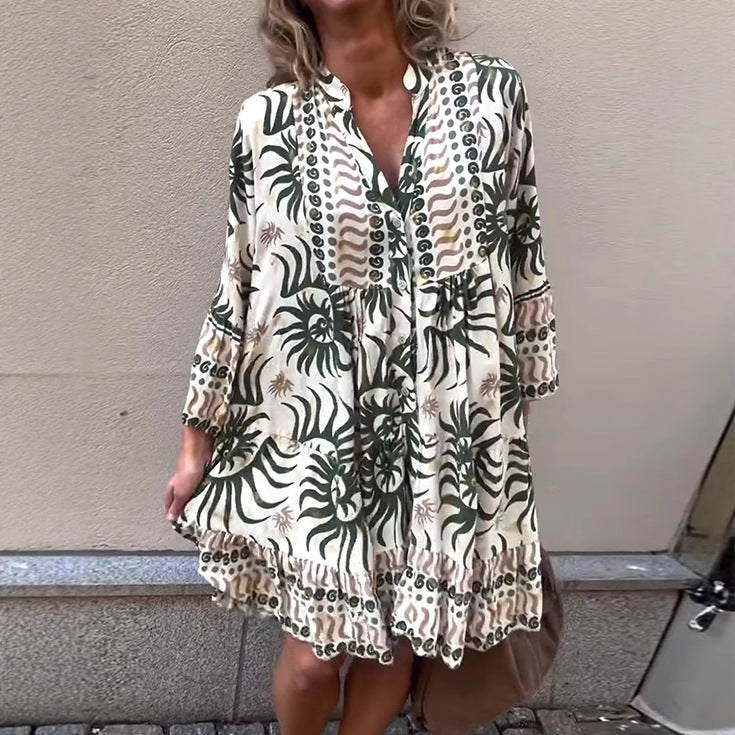 Dame skjortekjole med blomster mønster mix og flæse kant Stilla