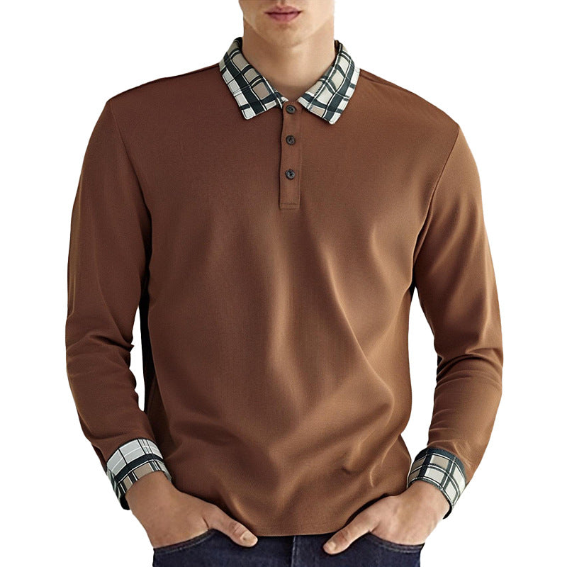 Herren nan figurtilpasset Langarm-Poloshirt med ternet krave- og manschettbesætning Skovae