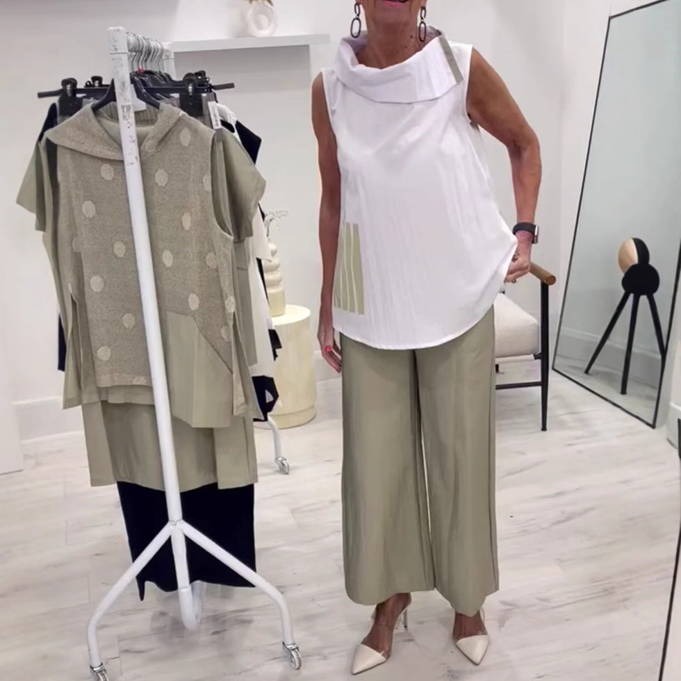 Dames uden ärmeløs bluse top med bredt sjalkrave, løs A-linje og sidelomme detalje Skovae