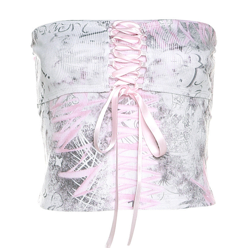 Dame Bustier-top med raffineret snøre-design og urban grafiktryk Stilla
