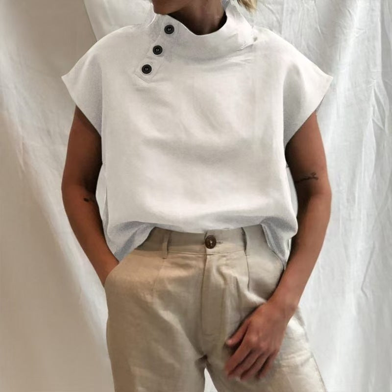Dame moderne bluse med høj krave og elegante knapdetaljer Skovae